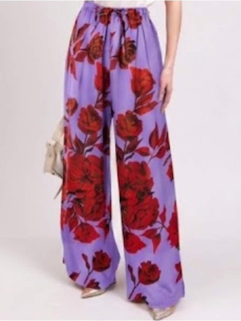 AZ x Net A Porter Factory Floral Print Satin Wide-Leg Pants Purple Red Rose NWOT - Picture 10 of 11